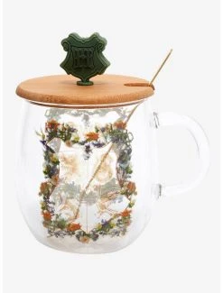 Alternative view of Boxlunch Harry Potter Floral Hogwarts Crest Glass Mug With Lid & Spoon Set