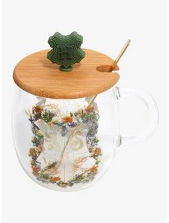 Boxlunch Harry Potter Floral Hogwarts Crest Glass Mug With Lid & Spoon Set -Boxlunch Store 19592578 av3