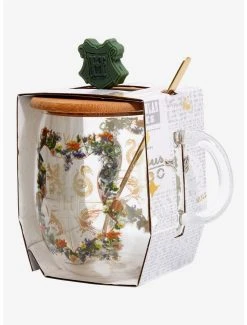 Boxlunch Harry Potter Floral Hogwarts Crest Glass Mug With Lid & Spoon Set -Boxlunch Store 19592578 av4