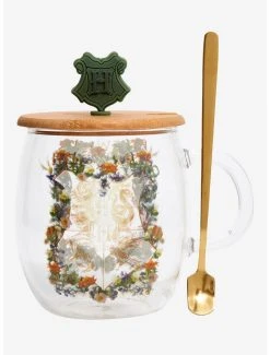 Boxlunch Harry Potter Floral Hogwarts Crest Glass Mug With Lid & Spoon Set